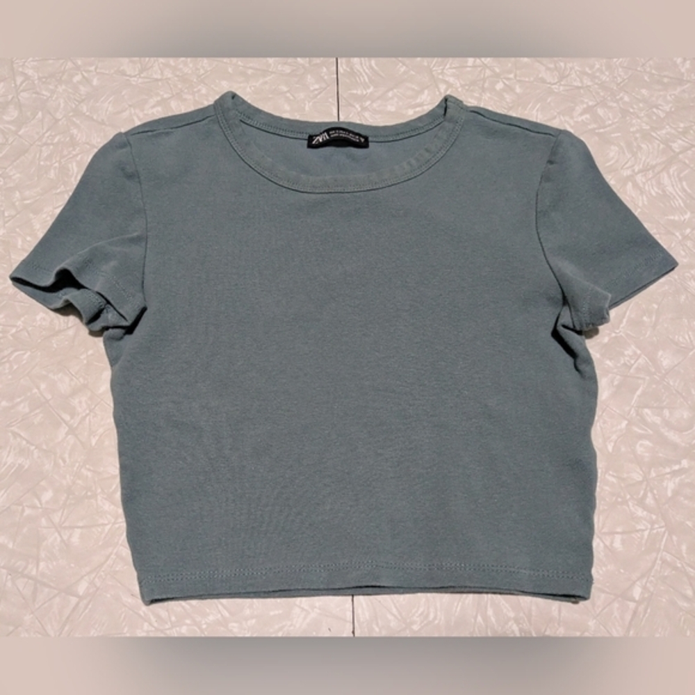 Zara Women's Small Slate Blue Knit Crop Top Tee